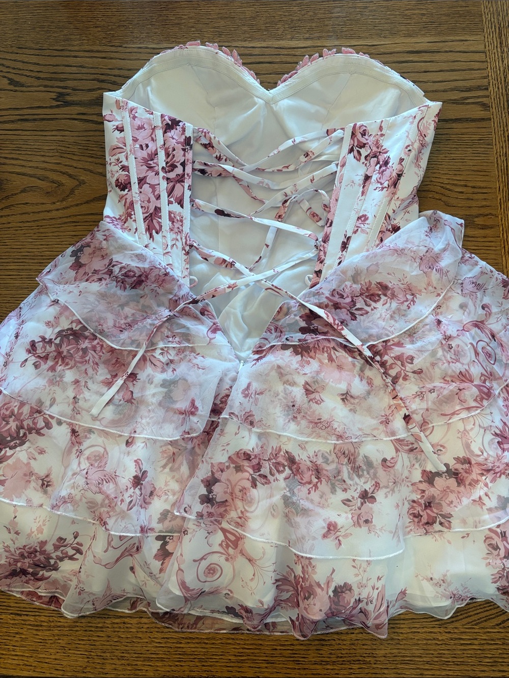 Strapless Pink Floral Ruffle Party Dress - Picture 3 of 3